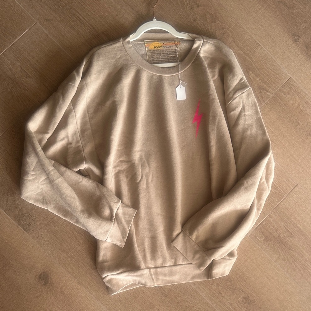 Aviator Nation Beige Sweatshirt with Pink Lightning Bolt